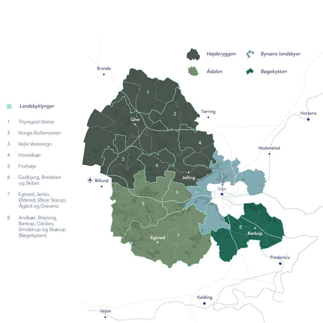 Kort over hovedområder og landsbyklynger